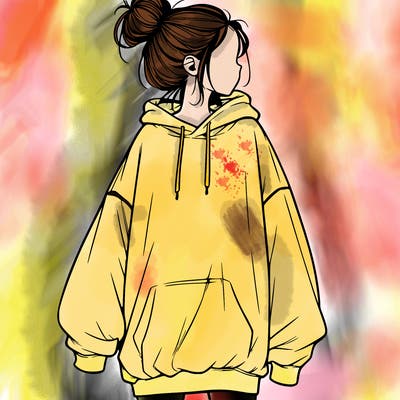realistic girl with a oversized sweatshirt on and a bun