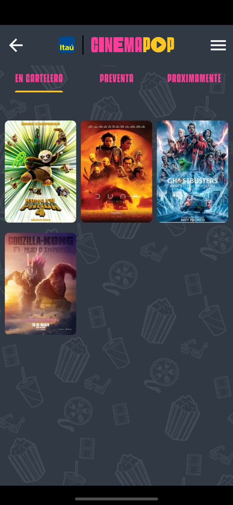 Itau Cinemapop - Interfaccia dell'app Itau Cinemapop che mostra le attuali liste di film e i titoli del billboard