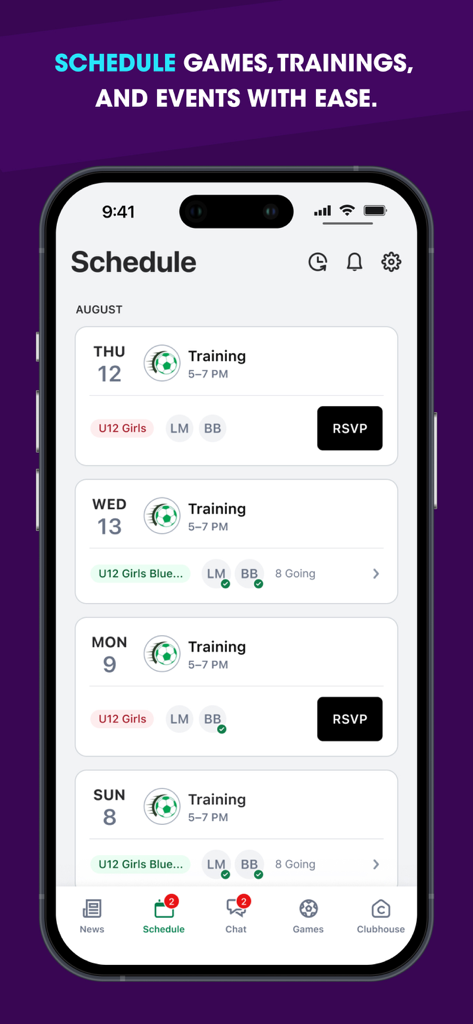 ClubZap - The schedule screen of the ClubZap app displaying local sports training events and RSVP buttons