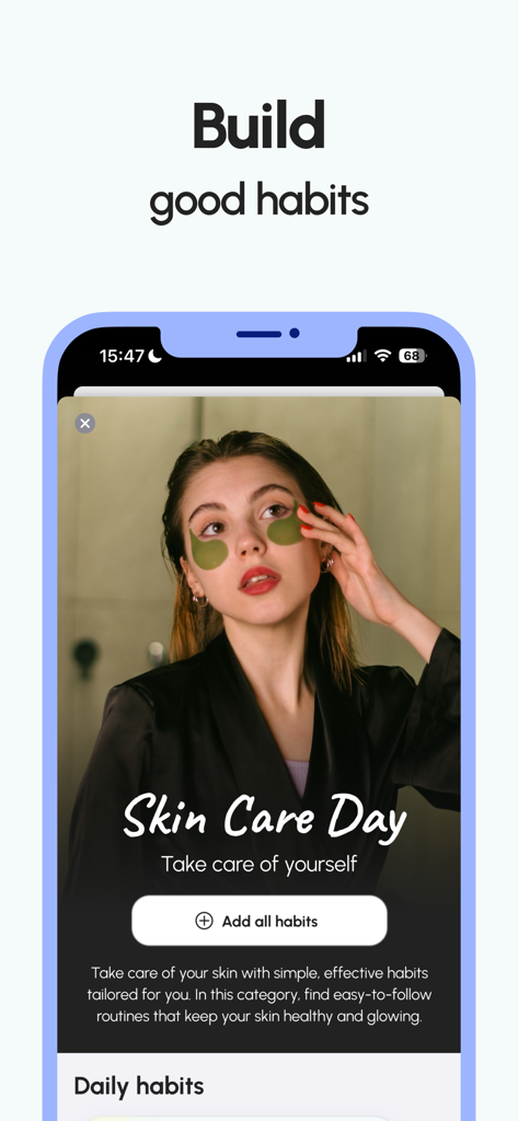 A interface do aplicativo Perfect Day apresentando uma seção de rotina de cuidados com a pele com uma opção para adicionar hábitos