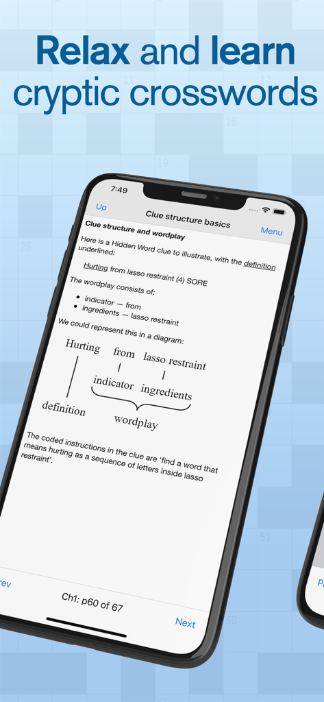 Learn Cryptic Crosswords - A mobile screen showing a step-by-step lesson on cryptic crossword clue structure and wordplay diagrams.