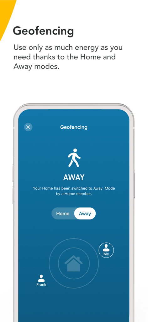 tado° - Smartphone screen showing the tado app geofencing feature in Away mode with a home icon and user profiles.