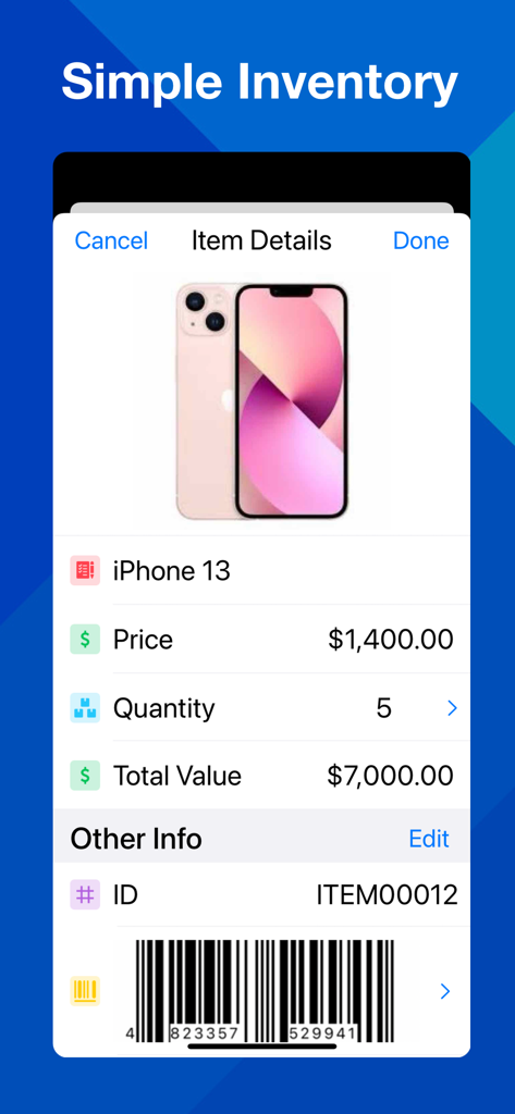 Inventory Easy - Stock Tracker - Mobile app screen showing inventory item details including image price quantity and barcode