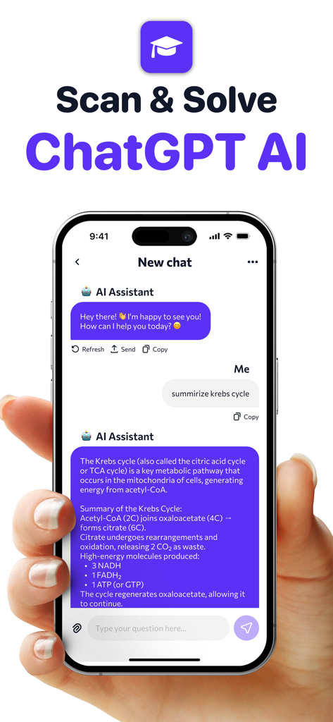 AI Homework: Solver Helper Pro - AI Homework Solver app interface showing a chat with an AI assistant providing a biology summary