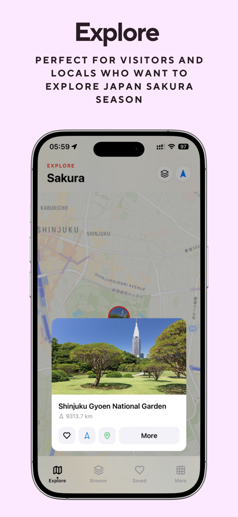 Sakura Spots Japan - Screenshot of the Sakura Spots Japan app showing an interactive map and a preview for Shinjuku Gyoen National Garden.