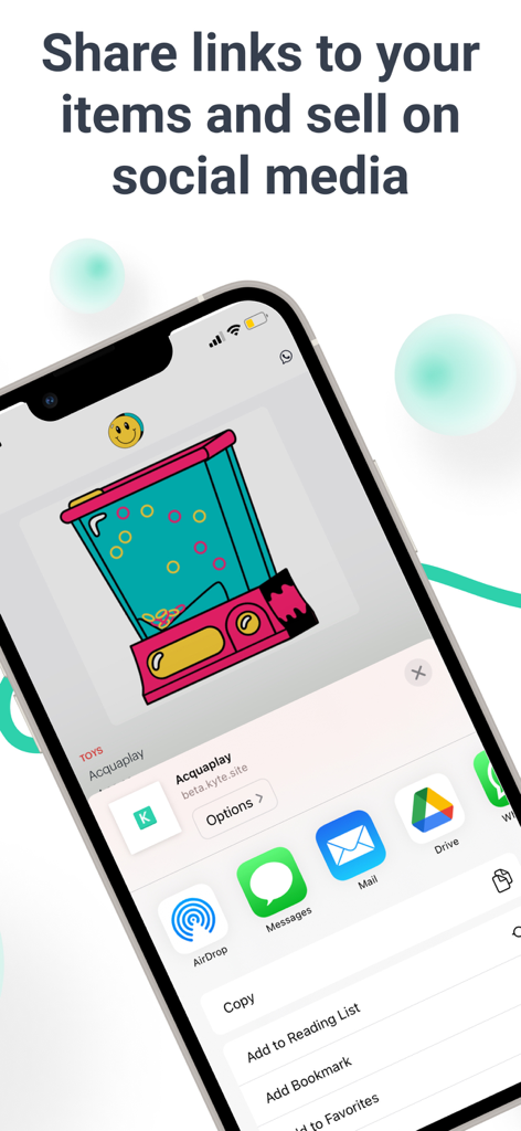 Kyte: Online Catalog and Store - Pantalla móvil mostrando la interfaz de la app Kyte con opciones para compartir un enlace de producto a través de redes sociales y apps de mensajería.