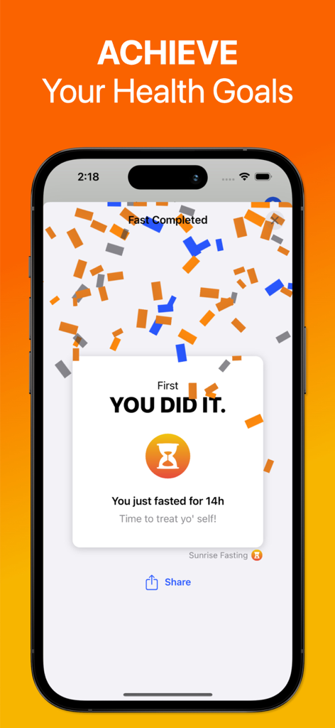 Sunrise - Intermittent Fasting - Screenshot of the Sunrise app celebrating a completed 14 hour fast with a confetti animation and a message saying You Did It