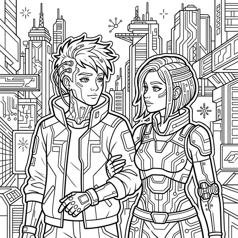 Step into a neon-lit future with this engaging cyberpunk couple coloring page. Featuring intricate details of a futuristic duo amidst a high-tech cityscape, it's perfect for a creative escape.