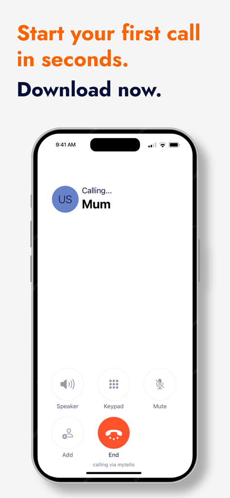 An iPhone screen showing an active international call to a family member using the mytello app interface.