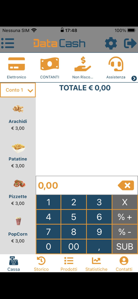 Data Cash - Interface of the Data Cash mobile POS app showing a checkout screen with food items and a numeric keypad