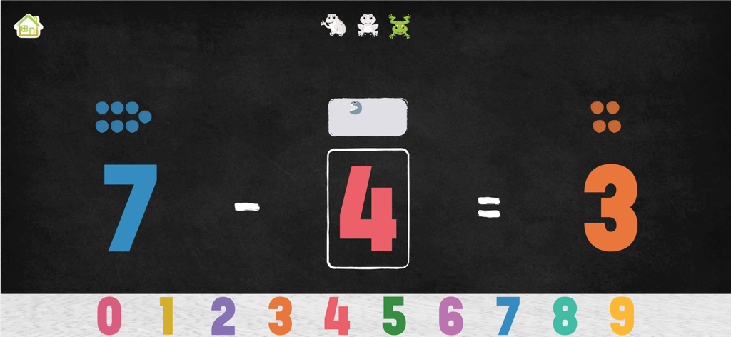 Montessori Math Learning Games - Montessori math app screen showing a subtraction problem 7 minus 4 equals 3 with visual dot counters and a colorful number line