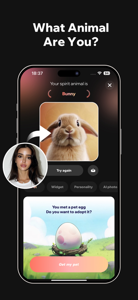 AnimalFace - looksmax ai score - AnimalFace app showing a spirit animal result of a bunny and a virtual pet egg adoption prompt