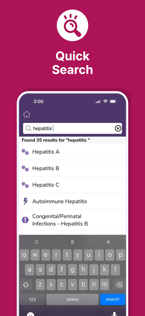 Interface do aplicativo Sanford Guide Pediátrico mostrando uma busca rápida por hepatite com vários resultados médicos listados