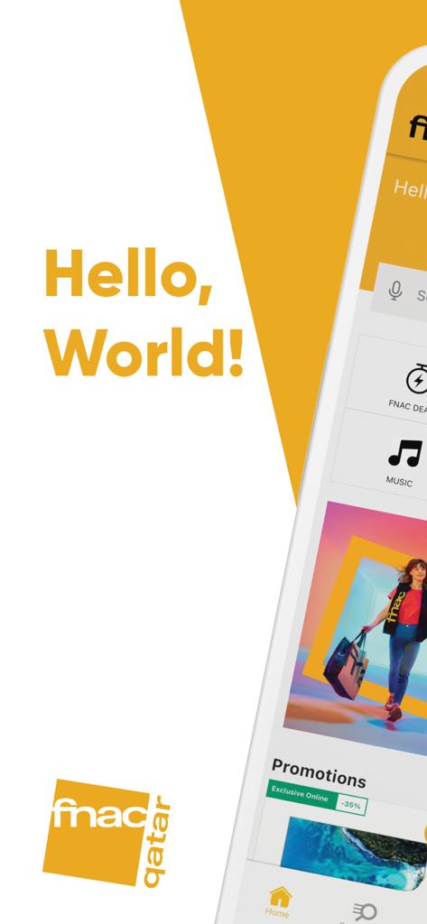 Fnac Qatar - Tela de boas-vindas do aplicativo Fnac Qatar exibindo promoções de compras e categorias de varejo