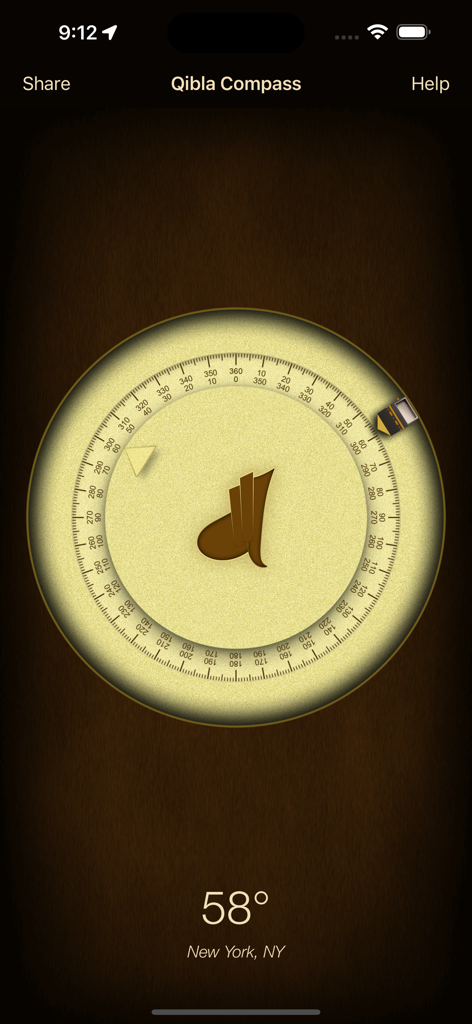 iSalam: Qibla Compass - Digitale Qibla-Kompass-Oberfläche, die die Richtung der Kaaba von New York aus anzeigt.