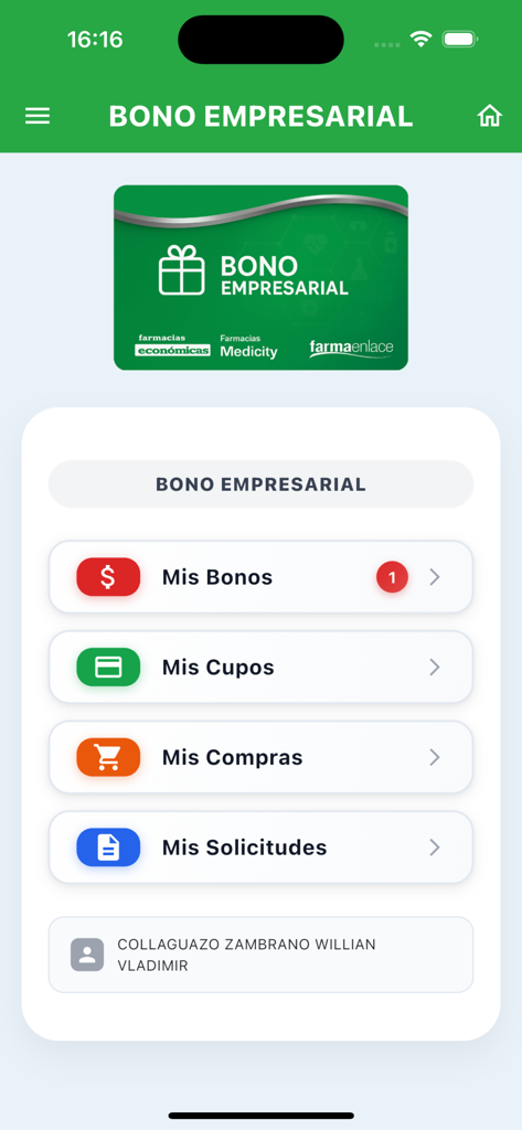 Tu App Farmacia - Tu App Farmacia interface displaying the Bono Empresarial corporate benefit screen with options for bonuses, quotas, purchases, and requests.
