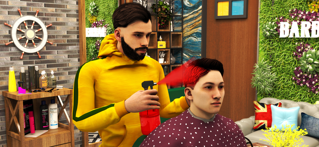 Barber Shop Hair Cut Sim Games - A barber spraying red hair dye onto a client in a modern 3D barbershop game.