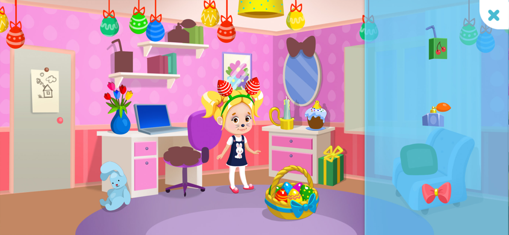 Like Nastya Game - Nastya character in a colorful bedroom decorated for Easter with eggs and a gift basket