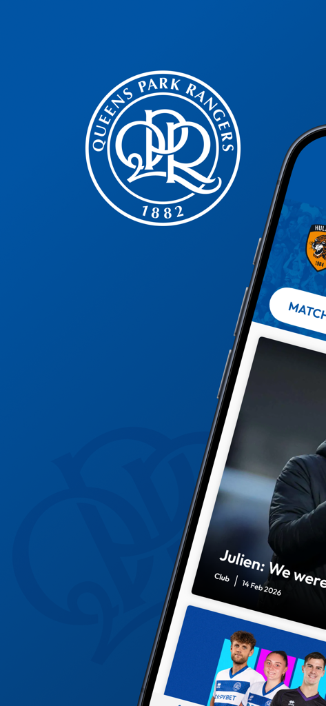 公式クイーンズ・パーク・レンジャーズFCモバイルアプリのインターフェースが、ニュースとクラブの紋章を表示したスマートフォンの画面に表示されています