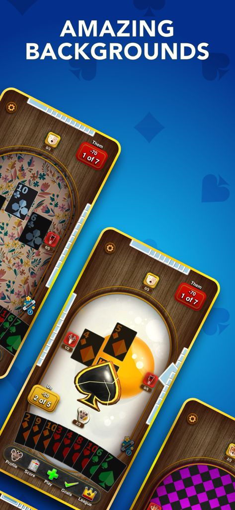 Spades the Card Game - Capturas de pantalla móviles que muestran varios fondos de mesa personalizables en la aplicación de juego de cartas Spades.