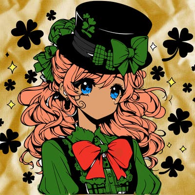 a manga-style girl with clovers around her, a little hat in her hair, like it's saint patrick's day