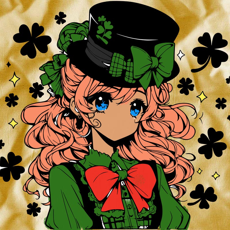 a manga-style girl with clovers around her, a little hat in her hair, like it's saint patrick's day