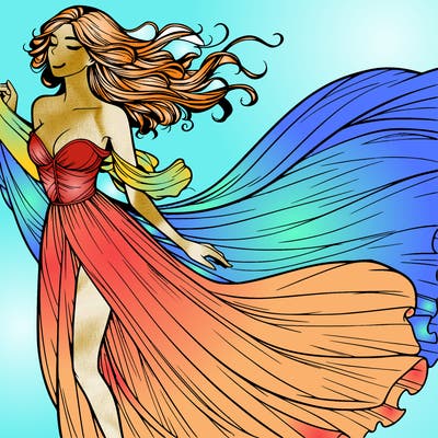 realistic woman in dress flowing the the wind