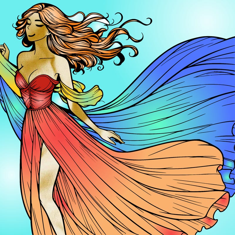 realistic woman in dress flowing the the wind