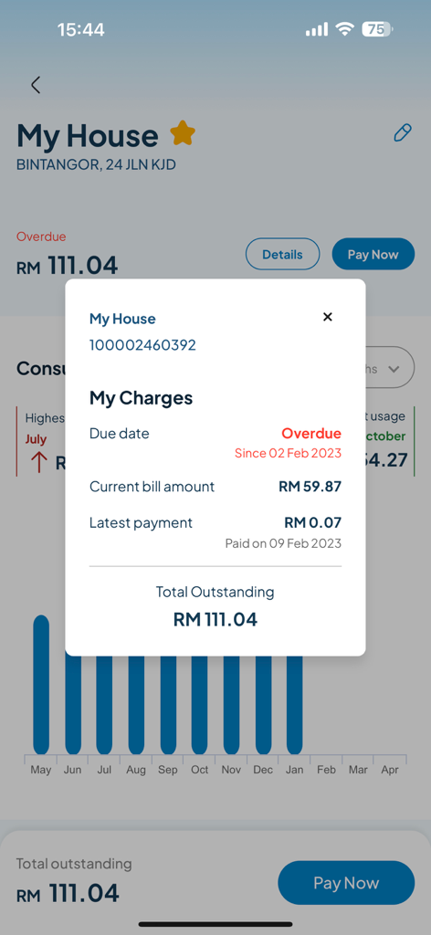 SEB cares - SEB cares mobile app screen showing electricity billing details with an overdue payment notice and a consumption bar chart.