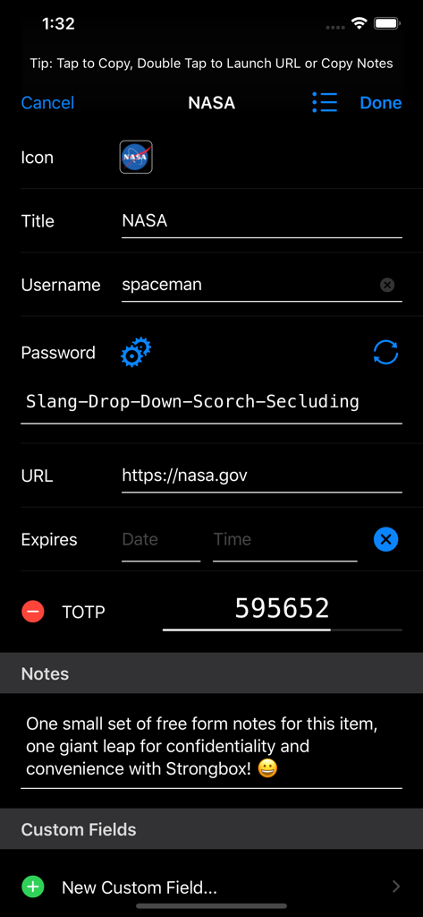 Strongbox Proのパスワードエントリ画面。NASAアカウントの詳細、ディウェアパスワード、TOTPコードが表示されています。