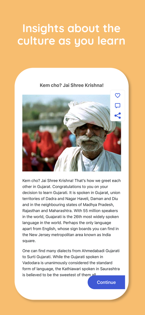 Language Curry - Speak Indian - Language Curry app screen showing a cultural insight module about Gujarati language and traditions