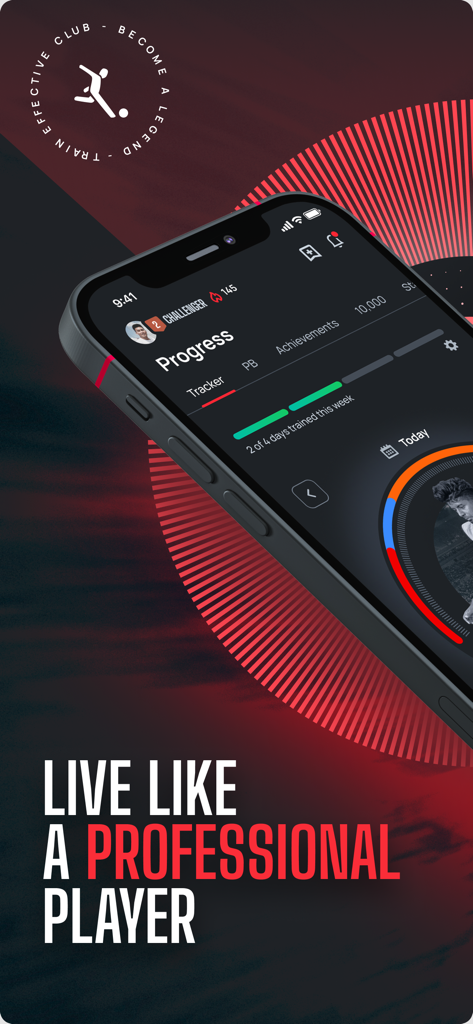 A smartphone showing the progress tracker screen of the Train Effective Soccer Academy app with the text Live Like a Professional Player