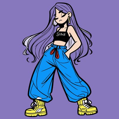 girl in baggy pants crop top and long hair