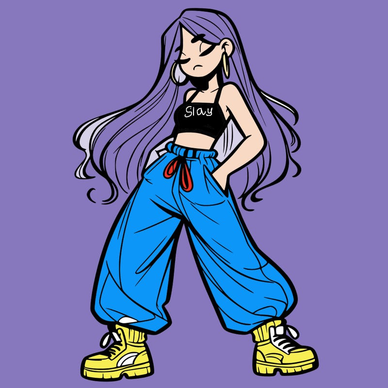 girl in baggy pants crop top and long hair