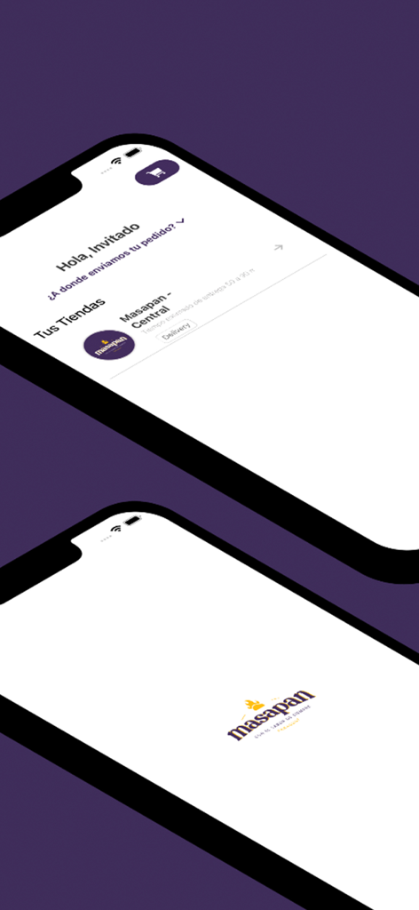 Zwei Mobiltelefone, die die Benutzeroberfläche und das Logo der Masapan Paraguay Essensliefer-App auf lila Hintergrund zeigen