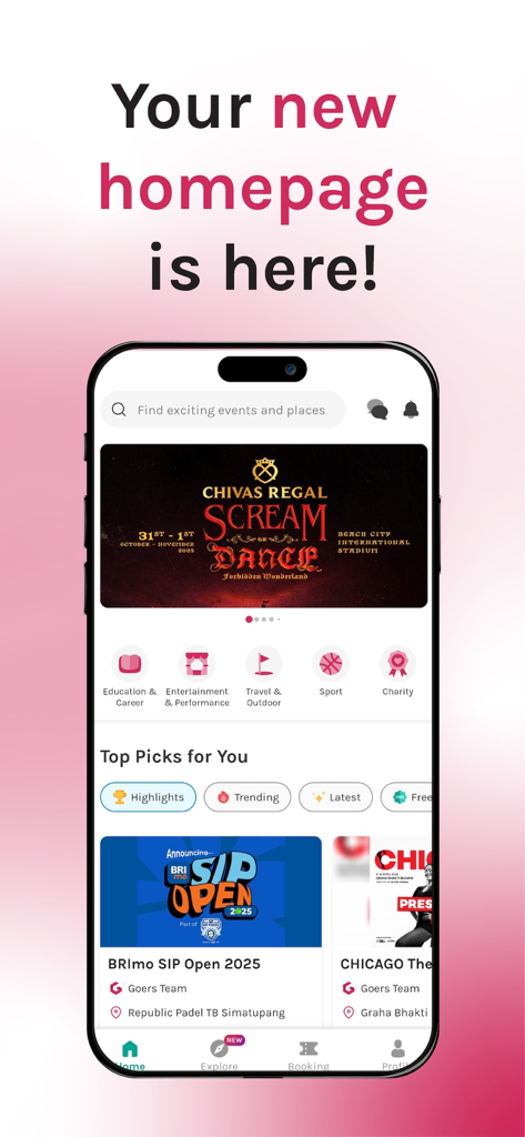 Página de inicio de la app GOERS mostrando categorías de eventos y recomendaciones de entradas populares
