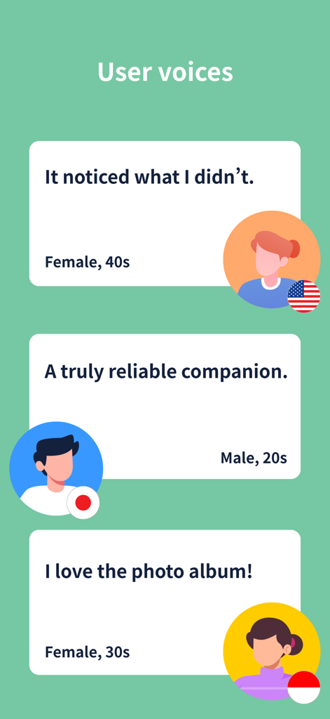 CatsMe - A screen titled User voices displaying positive testimonials from cat owners worldwide about the CatsMe app.