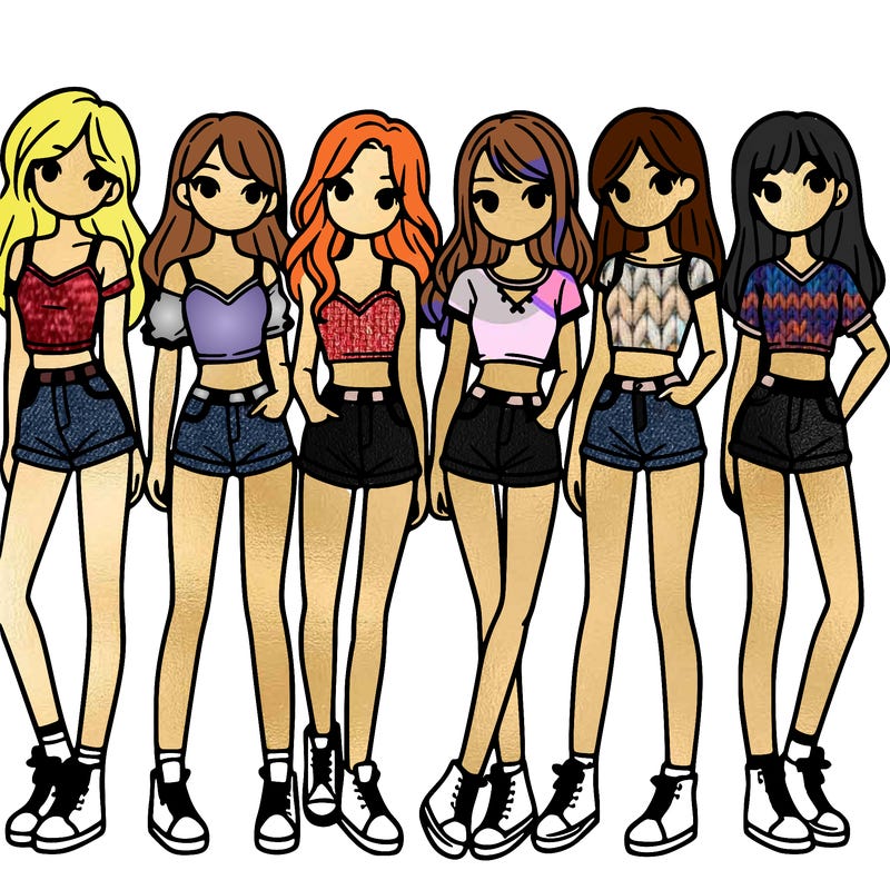 a group of girls wearing crop tops and shorts