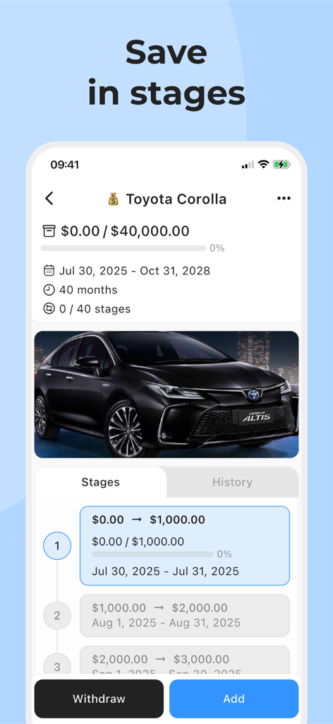Savings Tracker: My Piggy Bank - Mobile app screen showing tiered savings milestones for a car goal with progress bars