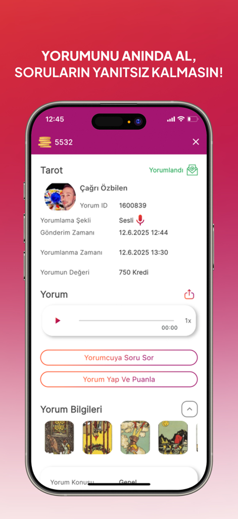 Fal Sepeti: Astroloji & Tarot - A mobile app interface displaying a personalized tarot reading result with a voice recording player and specific tarot cards