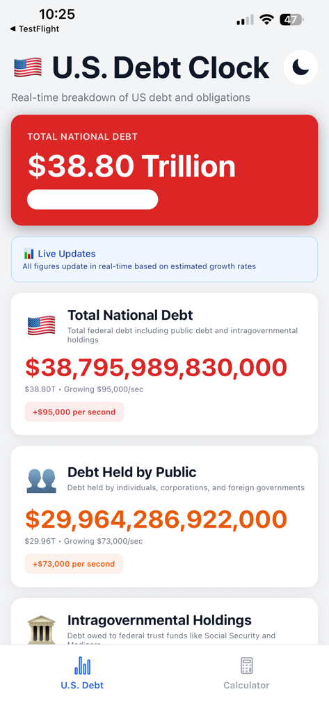 U.S. Debt Clock - U.S. Debt Clock app showing real-time national debt and fiscal data