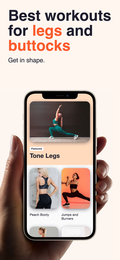 Leg & Booty Workout Trainer - Una pantalla de smartphone mostrando la app Entrenador de Ejercicios para Piernas y Glúteos con categorías como Tonificar Piernas y Glúteos."🍑".