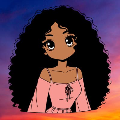a black anime girl with long afro hair