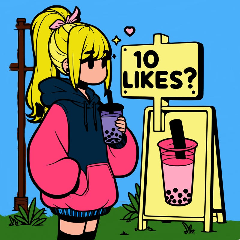girl with oversized hoodie drinking boba and she has a high ponytail with a sign that says 10likes?
