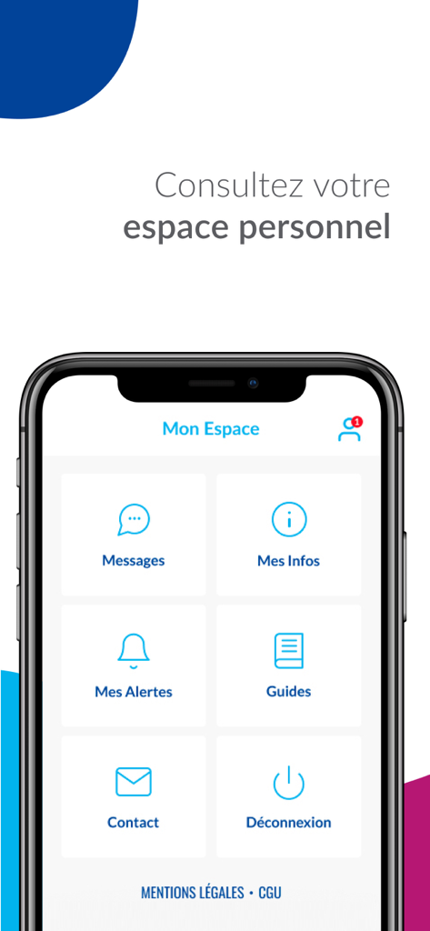 EasyBourse - Interface de l'application mobile EasyBourse affichant le tableau de bord de l'espace personnel avec des icônes pour les messages, les alertes et les informations de compte