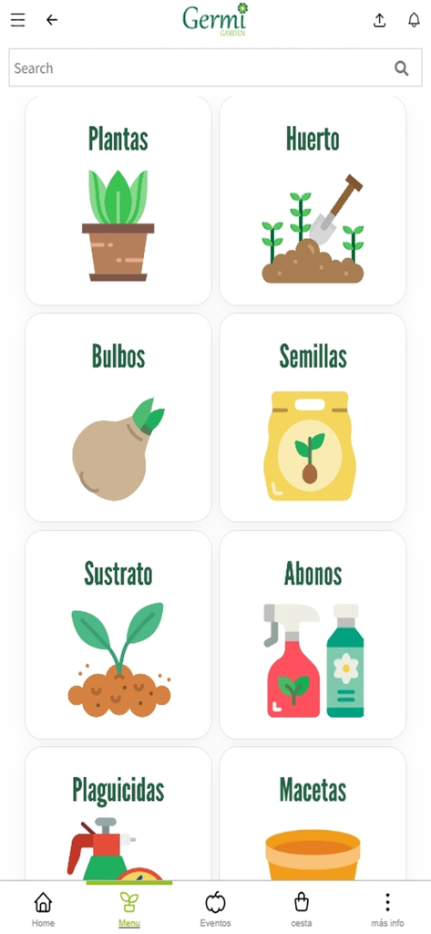 Germigarden - Germigarden app menu showing gardening categories like plants seeds bulbs and fertilizers in Spanish