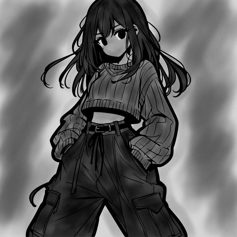 anime teen girl with baggy pants and crop top with sweater