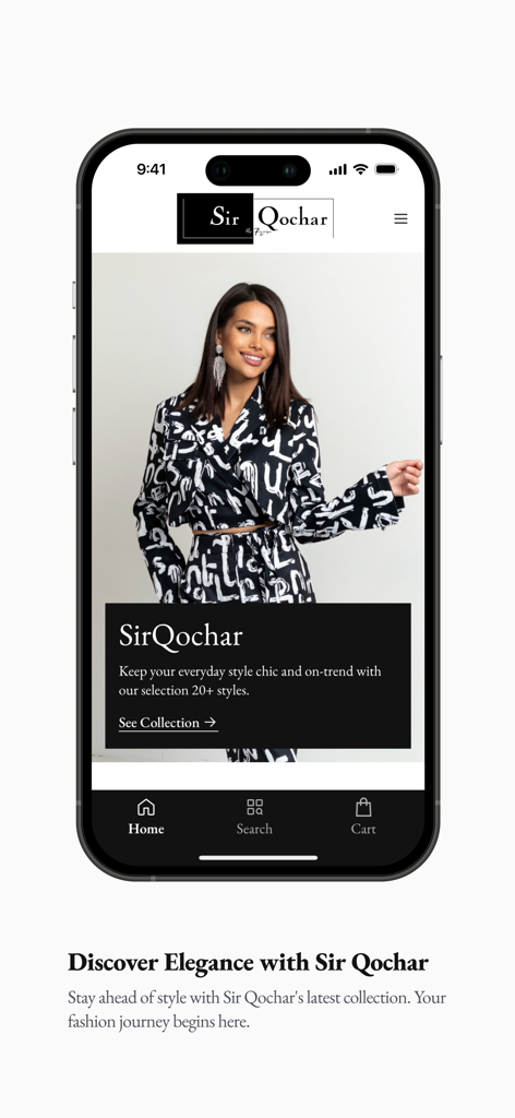 Sir Qochar - Sir Qochar mobile app home screen featuring a model in Armenian alphabet inspired clothing