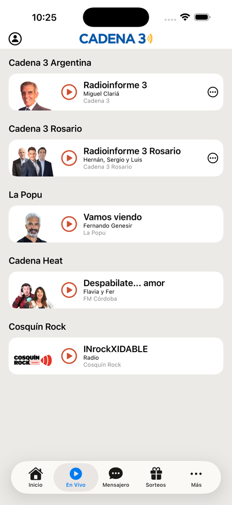 Cadena 3 app showing a list of live radio channels including Argentina Rosario La Popu and Cadena Heat