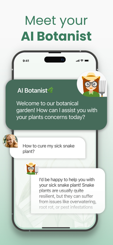 A chat interface in the Plantify app where an AI Botanist provides expert care advice for a sick snake plant.
